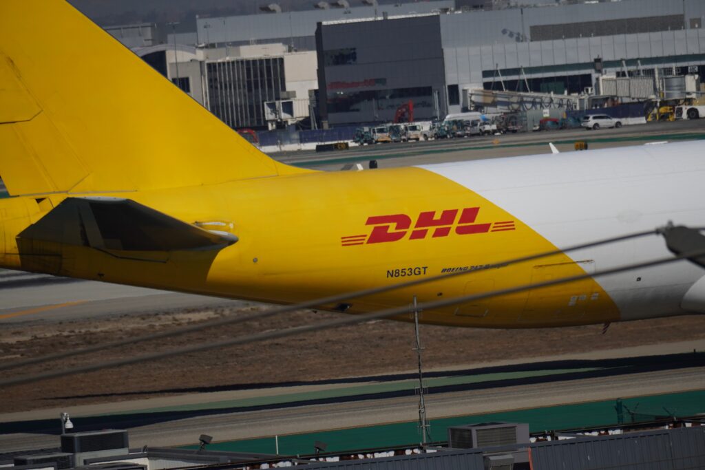 DHL LOGO ON DHL CARGO AIRCRAFT at Los Angeles International Airport November 2024
